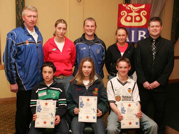 Charlestown GAA Club "Stars of the Future" pictured at AIB Sponsored presentation night in the Failte Suite, Welcome Inn Hotel, Castlebar, front from left: Brendan Parsons, Deirdre Doherty and Conor Finn Charlestown; At back: Eugene Lavin, Cora Staunton, Billy McNicholas, Triona McNicholas, and Ivan Kelly AIB Bank. Photo Michael Donnelly.