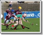 Mayo's Niall Murphy under pressure from Westmeath's Paddy Dowdall and Conor Jordan in in the Christy Ring Cup in McHale Park, Castlebar. Photo:  Michael Donnelly