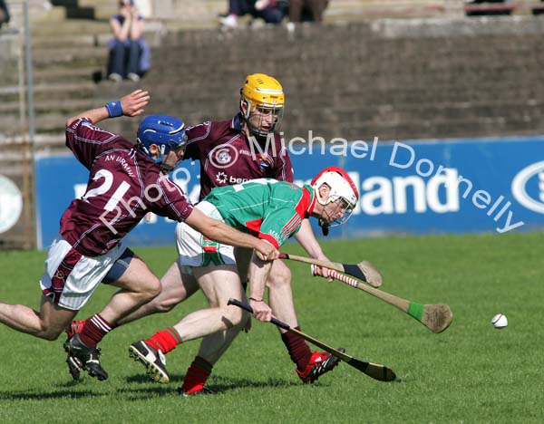 Mayo's Niall Murphy under pressure from Westmeath's Paddy Dowdall and Conor Jordan in in the Christy Ring Cup in McHale Park, Castlebar. Photo:  Michael Donnelly