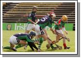 Rory Campion (Ballina) is well outnumbered in the Allianz National Hurling League Div 2B round 3 in McHale Park Castlebar. Photo:  Michael Donnelly