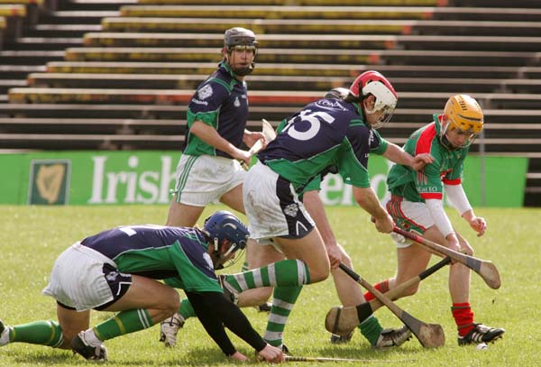 Rory Campion (Ballina) is well outnumbered in the Allianz National Hurling League Div 2B round 3 in McHale Park Castlebar. Photo:  Michael Donnelly