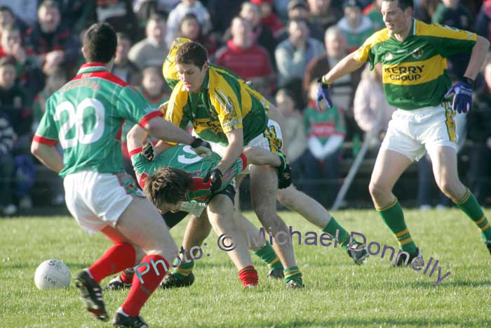 Billy Joe Padden comes under pressure in the 1st round of the Allianz National Football League between Mayo and Kerry, at McHale Park last Sunday. Photo:  Michael Donnelly