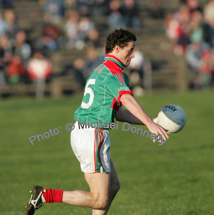 Mayo captain Kevin O'Neill takes a shot in the 1st round of the Allianz National Football League between Mayo and Kerry, at McHale Park last Sunday. Photo:  Michael Donnelly