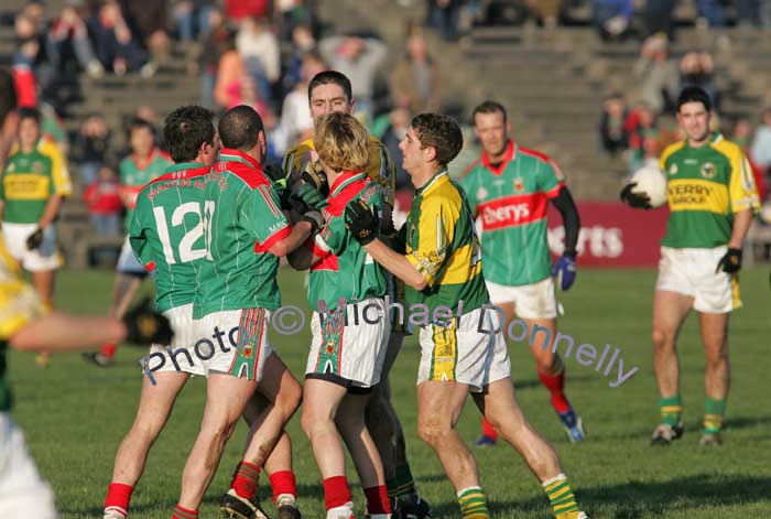 Pushing and Shoving in the 1st round of the Allianz National Football League between Mayo and Kerry, at McHale Park last Sunday. Photo:  Michael Donnelly
