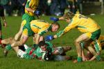 Peadar Gardiner retains possession as Donegal's Brian Roper and Ryan Bradley try to rob in the Allianz National Football League Div 1A in James Stephens Park Ballina.
Photo: Michael Donnelly