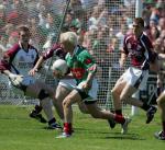 Conor Mortimer looks for an opening at the Senior Connacht Football Championship Final in Pearse Stadium, Photo Michael Donnelly