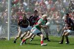 Conor Mortimer makes space for himself at the Senior Connacht Football Championship Final in Pearse Stadium, Photo Michael Donnelly