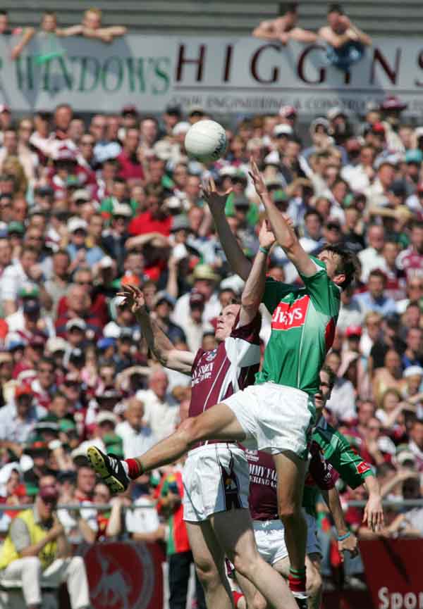 Ronan McGarrity goes highest to collect this ball at the Connacht Football Championship Final in Pearse Stadium, Photo Michael Donnelly