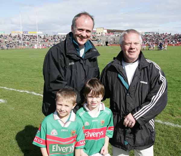 Managers shake before the match. 
John Maughan and Paudi O She at McHale Park at Allianz National Football League Div 1A Round 7 featuring Westmeath v Mayo Includd in photo are Colum Coyne and Johnny Maughan. Photo Michael Donnelly