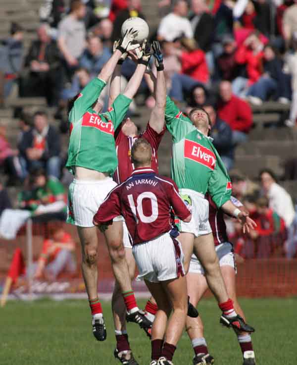 Ronan McGarrity and Billy Joe Padden tussle with Roscommon players for this high ball at McHale Park at Allianz National Football League Div 1A Round 7 featuring Westmeath v Mayo. Photo Michael Donnelly