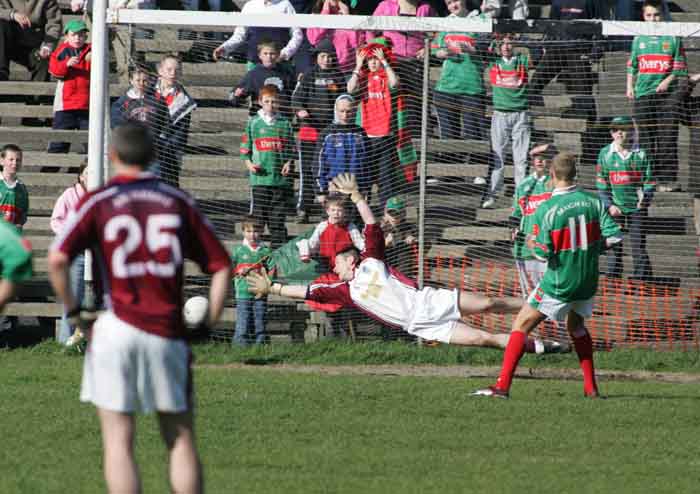Ciaran McDonald sends this penalty kick past Westmeath goalie Aidan Lennon at McHale Park at Allianz National Football League Div 1A Round 7 featuring Westmeath v Mayo. Photo Michael Donnelly
