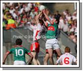 James Cafferty goes high to collect this ball for Mayo against Tyrone in the ESB GAA All Ireland Minor Football Final in Croke Park. Photo:  Michael Donnelly