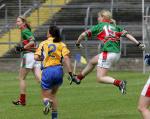 Cora Staunton takes a lash at goal in the TG4 Senior Connacht Championship in Dr Hyde Park Roscommon. Photo Michael Donnelly.