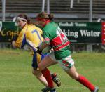 Fiona McHale (Mayo) getting by Ursula Brooks to set up another attack the TG4 Senior Connacht Championship in Dr Hyde Park Roscommon. Photo Michael Donnelly.