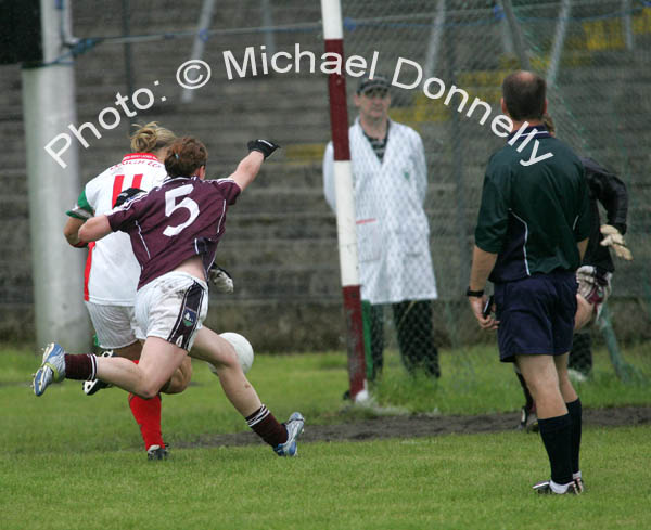 Cora Staunton sends the ball to the back of the net after Galway GoalkeeperTina Hughes saved her penalty kick in the Connacht Ladies Football TG4 Senior Championship final in Tuam. Photo:  Michael Donnelly