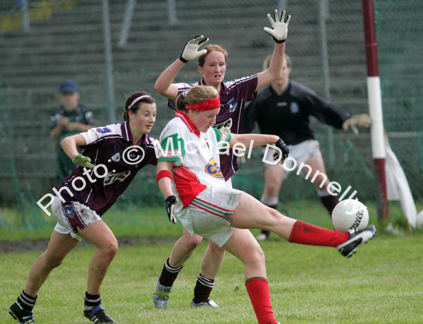 Fiona McHale scores despite pressurre at the Connacht Ladies Football TG4 Senior Championship final in Tuam Photo:  Michael Donnelly