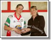 Cora Staunton is presented with the "Player of the Match" award by Mary Quinn, President Ladies GAA Connacht Council in the Connacht Ladies Football TG4 Senior Championship final in Tuam. Photo:  Michael Donnelly 