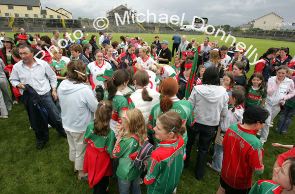 Happy times again as supporters congratulate the Mayo Ladies after defeating Galway in the Connacht Ladies Football TG4 Senior Championship final in Tuam. Photo:  Michael Donnelly