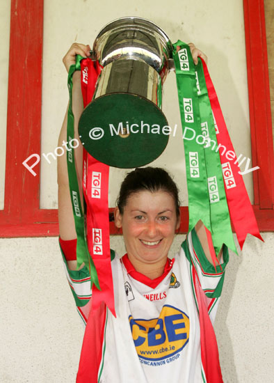 Mayo Ladies captain, Christina Heffernan holds up the CBE Cup after Mayo defeated Galway in the Connacht Ladies Football TG4 Senior Championship final in Tuam. Photo:  Michael Donnelly