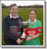 Michael Lavin vice-chairman Mayo Ladies GAA Board presents the Anthony Heffernan Perpetual Cup to Ciara McDermott captain of Kilmoremoy (Ballina/Ardnaree) who defeated Claremorris  in the final of the Mayo Ladies Senior Div 2  League at Foxford. Photo: Michael Donnnelly