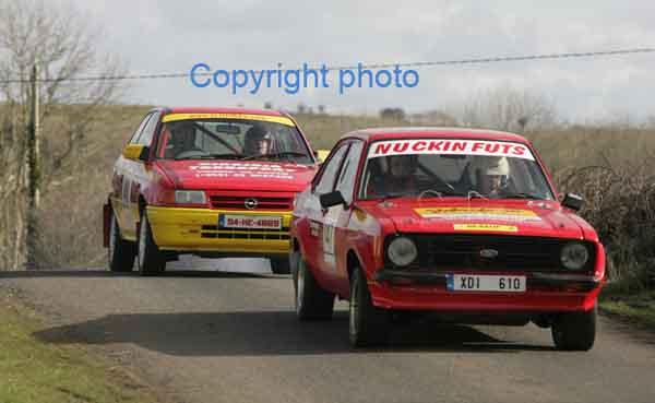 Billy Evans and John Rice Castlebar  in an  Escort seem to holding up  Tony and Pat O'Hora Killala in their Opel Astra  in Class 10 on stage 1 of the TF Royal Hotel and Theatre Mayo Stages Rally 2005. Photo: Michael Donnelly