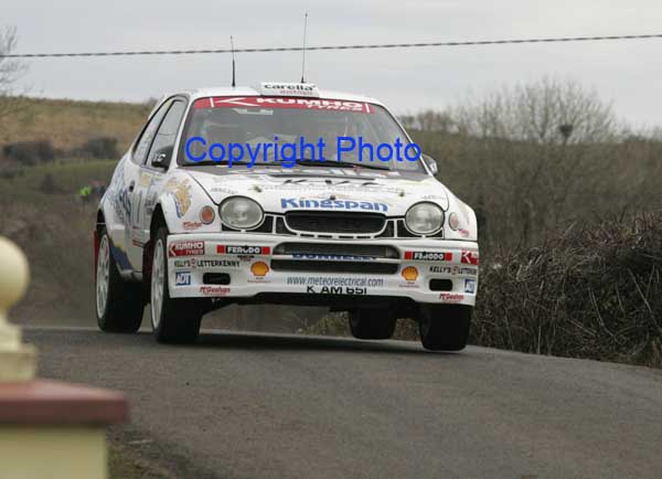 Charlie Donnelly and Paddy Toner, Derry in action in their Corolla WRC on stage 1 of the TF Royal Hotel and Theatre Mayo Stages Rally 2005. Photo: Michael Donnelly