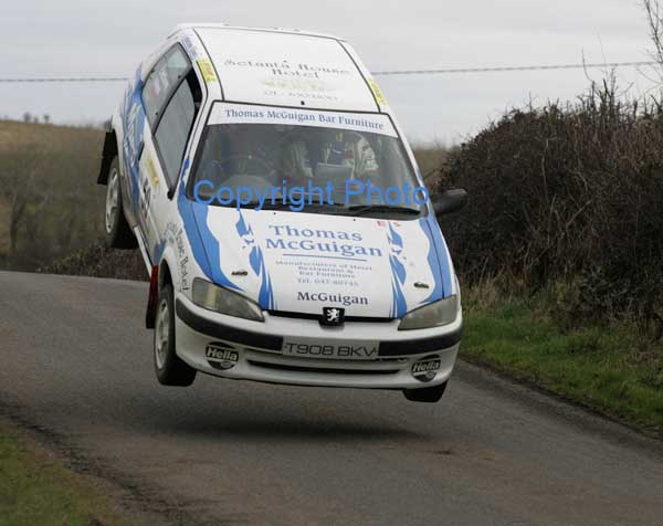 Eamon McElvaney and Alan Keena Monaghan  in action in their Peugeot 106 on stage 1 of the TF Royal Hotel and Theatre Mayo Stages Rally 2005. Photo Michael Donnelly