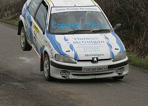 Eamon McElvaney and Alan Keena Monaghan  in action in their Peugeot 106 on stage 1 of the TF Royal Hotel and Theatre Mayo Stages Rally 2005. Photo Michael Donnelly