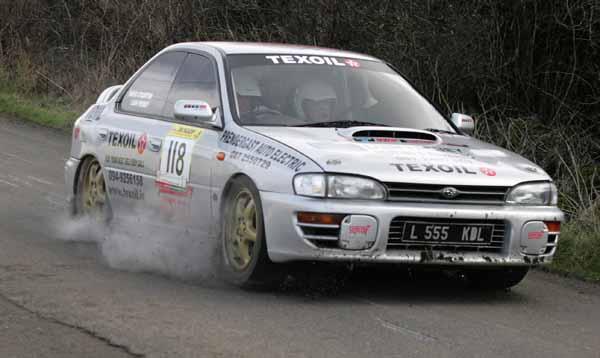 David Staunton and Liam Feeney, Claremorris touch terra firma  in their Impreza  in Class 4 on stage 1 of the TF Royal Hotel and Theatre Mayo Stages Rally 2005. Photo: Michael Donnelly