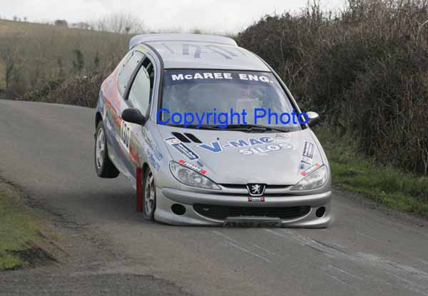 Brendan McAree and Vincent McAree Monaghan in action in their Peugeot 206 on stage 1 of the TF Royal Hotel and Theatre Mayo Stages Rally 2005. Photo: Michael Donnelly