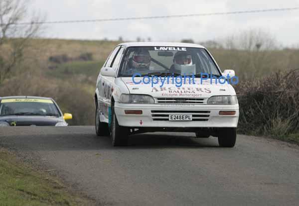  Michael and Derek Lavelle Achill in a Corolla in class 11 on stage 1 of the TF Royal Hotel and Theatre Mayo Stages Rally 2005. Photo Michael Donnelly
 