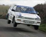 Michael Cunningham and Michael McDonnell Castlebar taking a short flight in a Corolla in class 11 on stage 1 of the TF Royal Hotel and Theatre Mayo Stages Rally 2005. Photo Michael Donnelly