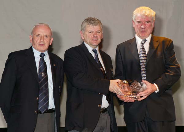 Sean Rice is presented with a lifetime service award at the Connacht GAA Sportswriters Awards night by Michael McDonnell PRO GAA Connacht Council  in the TF Royal Hotel and Theatre Castlebar included in photo is Tommy Moran President GAA Connacht Council. Photo Michael Donnelly 