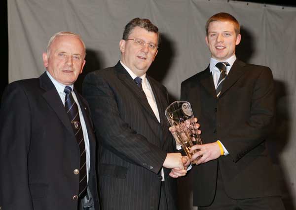Austin OMalley is presented with the Connacht Sportswriters monthly award for February by Pat Jennings TF Royal Hotel and Theatre (sponsor at the Connacht Sportswriters Presentation Dinner in the TF Royal Hotel and Theatre Castlebar, included in photo on left is Tommy Moran President GAA Connacht Council. Photo Michael Donnelly 