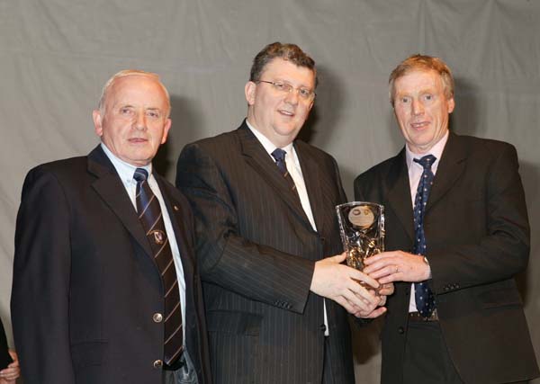 Pat Jennings TF Royal Hotel and Theatre (sponsor at the Connacht GAA Sportswriters Awards) presents the Connacht Sportswriters monthly award  for July to Danny   McDonald at the Connacht GAA Sportswriters Presentation Dinner in the TF Royal Hotel and Theatre Castlebar, included in photo on left is Tommy Moran President GAA Connacht Council. Photo Michael Donnelly 