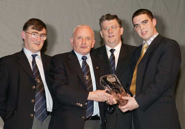 Kerril Wade is presented with the Connacht GAA Sportswriters  monthly award for September by Tommy Moran President GAA Connacht Council, at the Connacht GAA Sportswriters Presentation Dinner in the TF Royal Hotel and Theatre Castlebar, included in photo on left is John Prenty secretary GAA Connacht Council and Pat Jennings, TF Royal Hotel and Theatre (sponsor at the Connacht GAA Sportswriters Awards). Photo Michael Donnelly