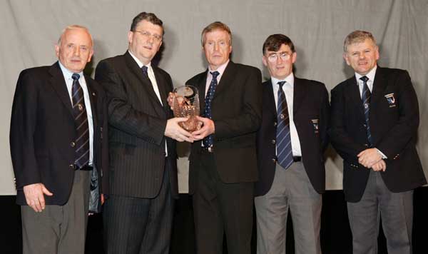Pat Jennings, TF Royal Hotel and Theatre (sponsor at the Connacht GAA Sportswriters Awards)  presents the Overall award to Danny McDonald on behalf on Ciaran McDonald  at the Connacht GAA Sportswriters Presentation Dinner in the TF Royal Hotel and Theatre Castlebar, included in photo on left is Tommy Moran President GAA Connacht Council. John Prenty secretary and Michael McDonnell PRO GAA Connacht Council Photo Michael Donnelly 
