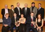 Kerrril Wade and Joe Rabbitte pictured with their Connacht GAA Sportswriters  Personality of the Month Awards at the Gala Presentation Dinner in the TF Royal Hotel and Theatre Castlebar, included in photo, front from left: Annie Rabbitte, Kerril Wade Patricia Wade, Joe Rabbitte  and Mary Rabbitte; At back Jim Carney, Tuam Herald; Michael Wade, PJ Wade, Paddy Joe Rabbette  Gerard Rabbette and Benny Wade. Photo Michael Donnelly 

