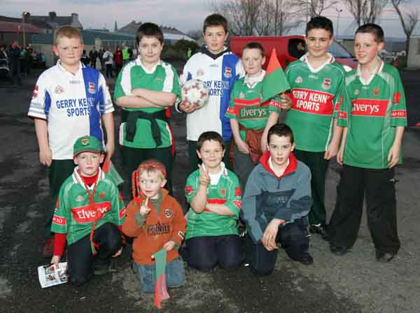 Early arrivals for the Ballina Stephenites Homecoming in James Stephens Park were front from left: Stephen Sheridan, Rory Sheridan,  Sean Devers and Liam Keenan. At back: Conor Stiogen, Rory Devers,  Shane Strogen, Oisin Ryan, Daniel Gorman and Jonathan Barrett. Photo Michael Donnelly   
