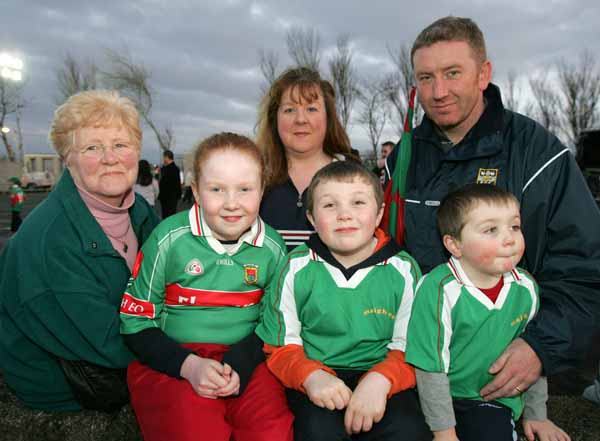 Among the early arrivals for the Ballina Stephenites Homecoming in James Stephens Park were front from left: Melanie, Gavin, and Liam Jones, at back: Doreen Gilmartin and  Yvonne and Enda Jones. Photo Michael Donnelly