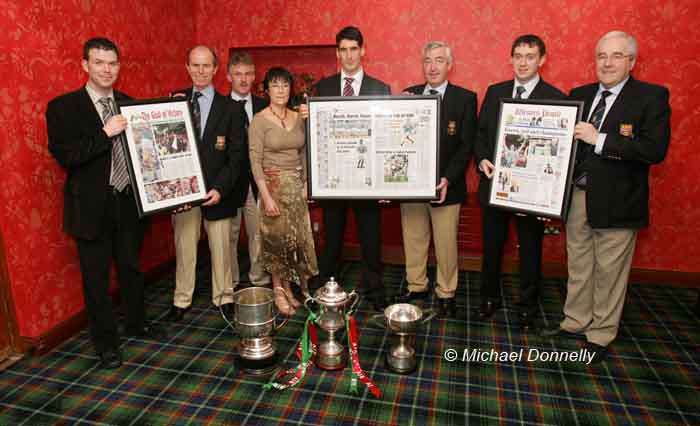 The Western People presents framed reproduction of the press coverage of Ballina Stephenites winning the All Ireland Senior Club Championship final and Homecoming at the Clubs Victory Celebration Dinner in the Downhill House Hotel, Ballina.Included in photo from left: Anthony Hennigan, Sports Editor Western People;Tommy Lyons, manager Senior Club; Michael McDonnell Stephenites Clubman of the Year, Mary Brogan, Club Seecretary; Brian Ruane team Captain; Padraig Prendergast, Club Chairman; James Laffey Editor Western People and Sean Sweeney  Ballina Stephenites. Photo Michael Donnelly