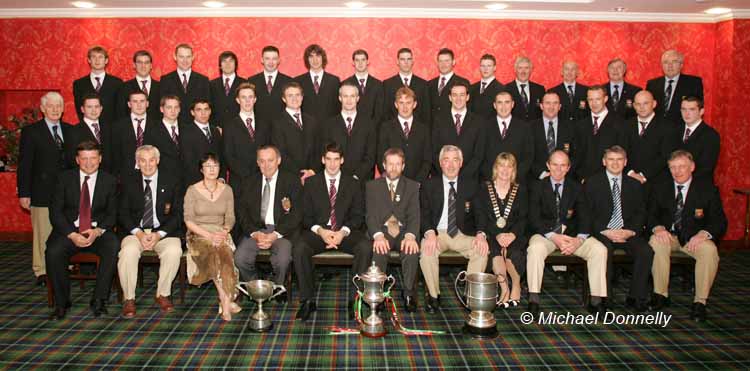 Team management and guests pictured at the Ballina Stephenites All Ireland Senior Club champions 2005 Victory Celebration Dinner in the Downhill House Hotel, Ballina front from left: John O'Mahony,  trainer; Jim McGarry, vice-chairman; Mary Brogan, secretary; Paddy Naughton, Chairman Mayo GAA County Board, Brian Ruane Team Captain; Sean Kelly, President GAA; Cllr Mary Kelly, Meara Ballina Town Council; Tommy Lyons manager; Joe Cawley Manager AIB bank Ballina, and Padraig Prendergast Club Chairman. Middle row left: Paddy Ruane, and Back right Sean Sweeney.  Photo Michael Donnelly