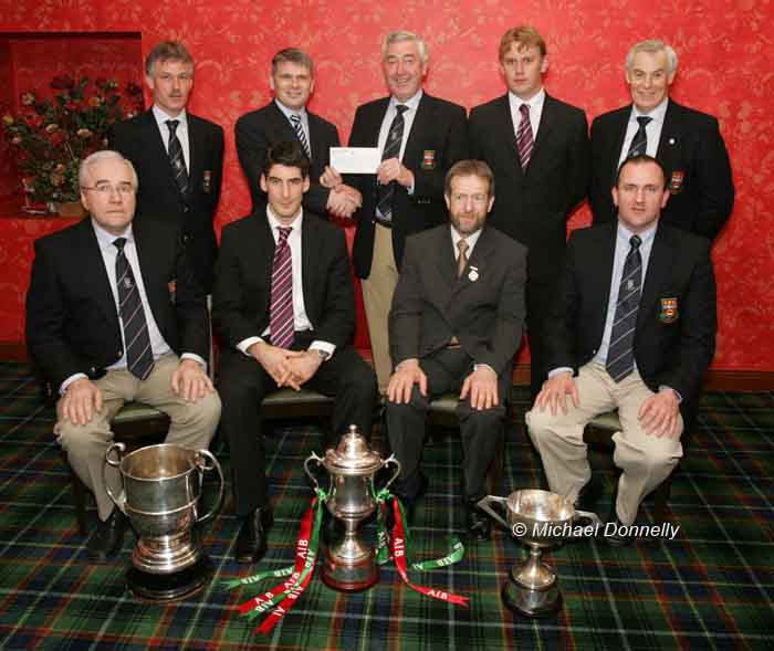 Presenting sponsorship from AIB at the Ballina Stephenites All Ireland Senior Club champions 2005 Victory Celebration Dinner in the Downhill House Hotel, Ballina front from left: Sean Sweeney, Brian Ruane, Captain; Sean Kelly President GAA; and Derek Leonard treasurer; at Back: Michael McDonnell; Joe Cawley Manager AIB Bank Ballina; Padraig Prendergast, Club Chairman; John Healy secretary and Jim McGarry Vice-chairman. Photo Michael Donnelly 