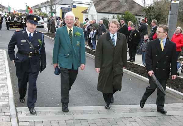 Supt Pat Byrne, Sean Horkan, Parade Marshall, Deputy Enda Kenny, T.D., Leader of Fine Gael; and Cllr Aidan Crowley step it out  at the start of the Castlebar St Patrick's Day Parade as it started on McHale Road. Photo Michael Donnelly