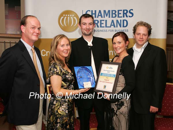The Asgard Bar and Restaurant Westport won the Customer Service Award Leisure and Tourism Sector in the Mayo Business Awards 2006 pictured at the presentation in the Broadhaven Bay Hotel Belmullet from left: Neil Bolton, Catherine O'Grady Powers, general manager Asgard Bar and Restaurant; James Paul Meehan, Yvonne Fleming, Restaurant manager; and Mark Kilner. Photo:  Michael Donnelly