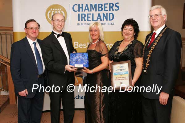 Conor Ganly, News Editor Mayo News (sponsors)  presents the Customer Service Award Service Sector to Amanda Torrens, and Evelyn Doyle-Douglas of Brookvale Manor Private Nursing Home, Ballyhaunis, included in photo on left is Patrick Smyth, Proprietor and on right Donal Shanaghy Ballyhaunis Chamber of Commerce. Photo:  Michael Donnelly