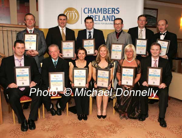 Mayo Business Award winners pictured at presentation of awards in the Broadhaven Hotel, Belmullet, front from left: Harry McManamon of the Grainne Uaile, Newport, Mayo Pub of the Year award; Kevin MacNeely, of Castlebar Tailoring and Embroidery, "Best New Business" award; Majella U Ghallachobair, Comhlacht Forbartha Aitiil Acla, Gaeltacht Award; Catherina O'Grady Powers of Asgard Bar and Restaurant Westport, Customer Service Award Leisure and Tourism  Sector; Amanda Torrens, Brookvale Manor Private Nursing Home, Ballyhaunis Customer Service Award Service Sector; and Joe Corcoran of the Westport Plaza Hotel, Best Growth Award; At back from left: Julian Ellison, of InTime Media Best New Business Concept Award; Stanley Jackson of Jackson Engineering, Castlebar, Innovation in Business award; Alan Burns of Kevin Connolly Motors, Ballina, Best Retail Premises Award; Paul Harrison of Leap Clothing Ballina, Customer Service Award Retail Sector; Michael Lennon of Westport Woods Hotel and Spa Best Environment Award; and Sean Noone of Selc Ireland, Belmullet, Chamber Recognition award; Photo:  Michael Donnelly