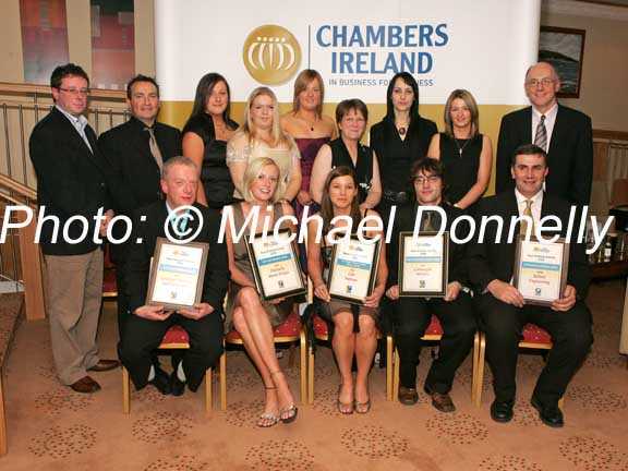 Finalists and Winners from Castlebar  pictured at the Mayo Business Awards presentation night in the Broadhaven Bay Hotel, Belmullet, Front row from left: Kevin MacNeely, Castlebar Tailoring and Embroidery; Sarah Flannelly, Flannelly Media Design; Sinead Kelleher, Gifts Supreme; Damien Keane,  Connaught Wireless and Stanley Jackson, Jackson Engineering. Back row L-R Billy Flynn, John Shaughnessy, Aislinn Keane, Denise McDonnell, Tracey Durkan, Mary Gibbons, Laura Endruikaityte, Nuala Lavelle, and Peter Glynn, AIB and Castlebar Chamber of Commerce. Photo:  Michael Donnelly