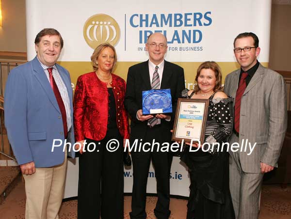 Peter Glynn of AIB presents the Customer Service Award Retail Sector to Aileen and Paul Harrison of Leap Clothing Ballina, included on left:  Eugene and Elizabeth Cawley, Leap Clothing. Photo:  Michael Donnelly
