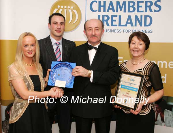 Sandra Hunt, TF Royal Hotel and Theatre, Castlebar (sponsors) presents the Chamber Recognition award to Maureen and Sean Noone of Selc Ireland Belmullet, 2nd from left is Derek Reilly, Erris Chamber of Commerce. Photo:  Michael Donnelly